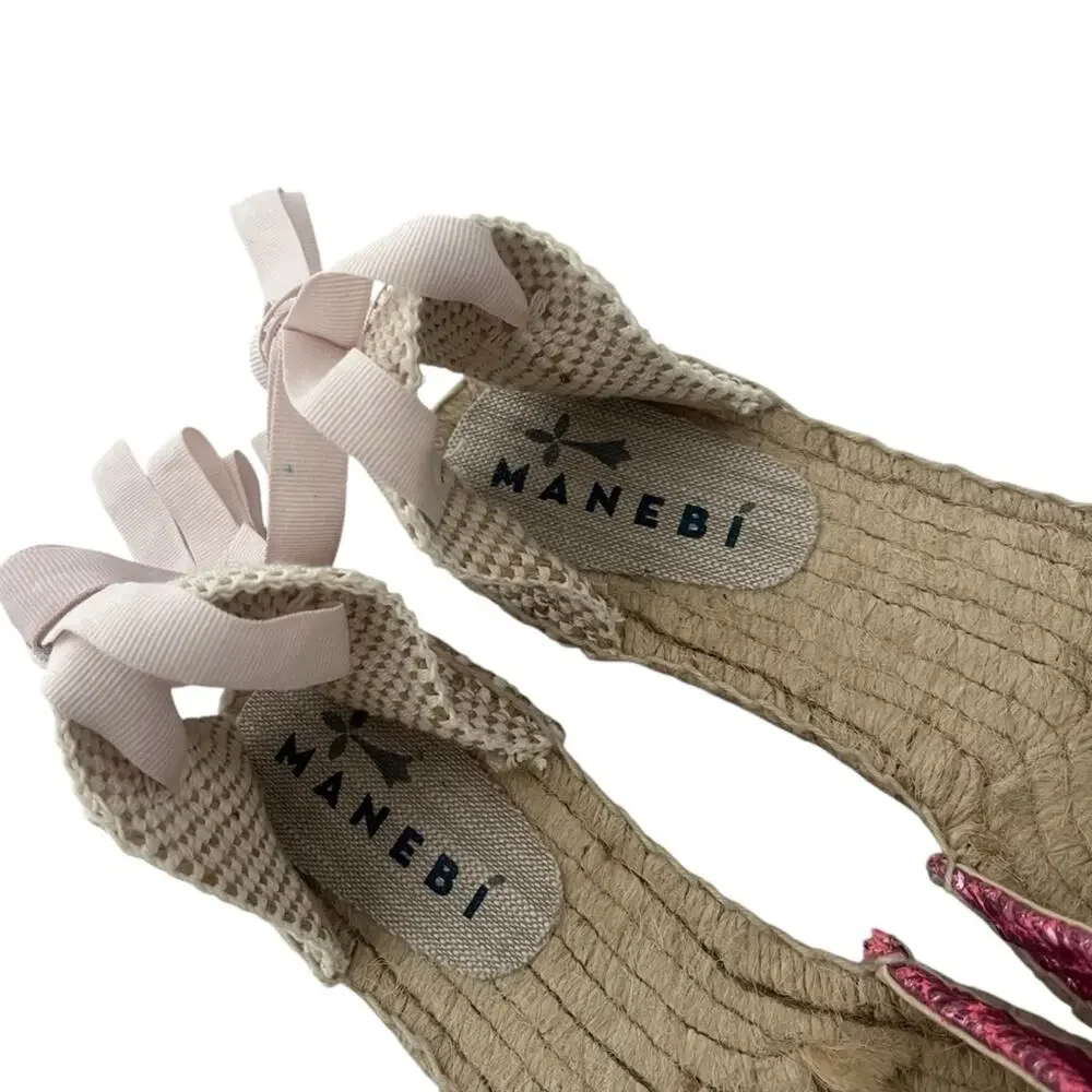 Manebi Valenciana espadrille Mettalic pink Raffia canvas Sz 39 boho chic summer